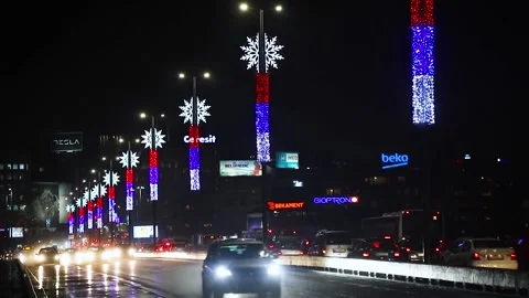 Traffic Lights Trail On Bridge At Night,Modern Building. Stock Footage 145657134
