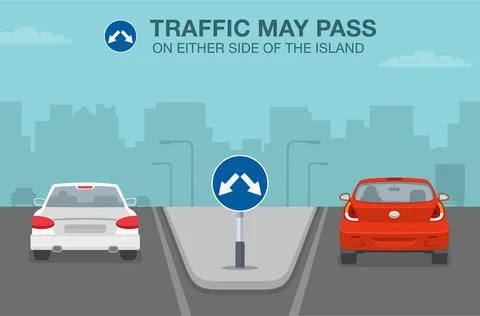 Traffic may pass on either side of the island or obstruction. Back view. Stock Illustration