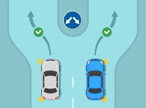 Traffic may pass on either side of the island. Top view of a traffic flow. Stock Illustration