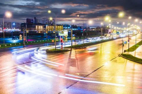 Traffic motion intersection transport line cars light night Stock Photos