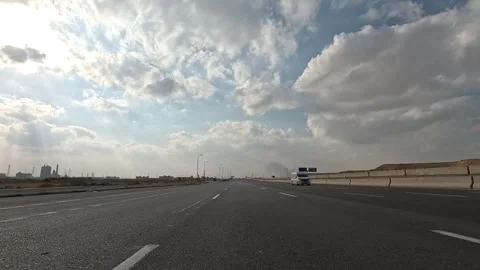 Traffic Movement Across Cairo Ain Sokhna Desert Highway Toward Red Sea Coastal Stock Footage 329970738