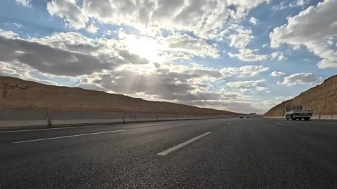 Traffic Movement Through Cairo Ain Sokhna Desert Highway Toward Red Sea Coast Stock Footage 330031714
