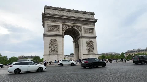 Traffic Moving Around the Arc de Triomphe in Paris France Stock Footage 334984040