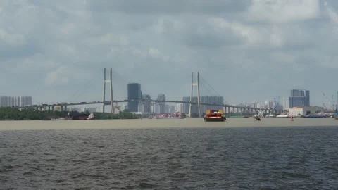 Traffic moving at Tan Thuan Bridge on September 4 2026 스톡 동영상 343333347