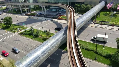 Traffic Moving Under Q Line Rail System, Detroit Michigan Stock Footage 146558744