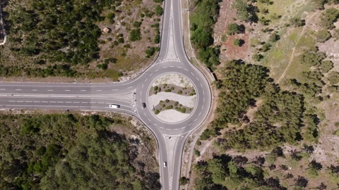 Traffic navigating roundabout surrounded by forest Stock Footage 300632056