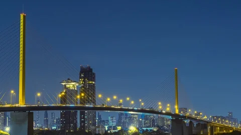 Traffic at night on the Chao Phraya River Bridge, Rama 9 Bridge Stock Footage 120296151