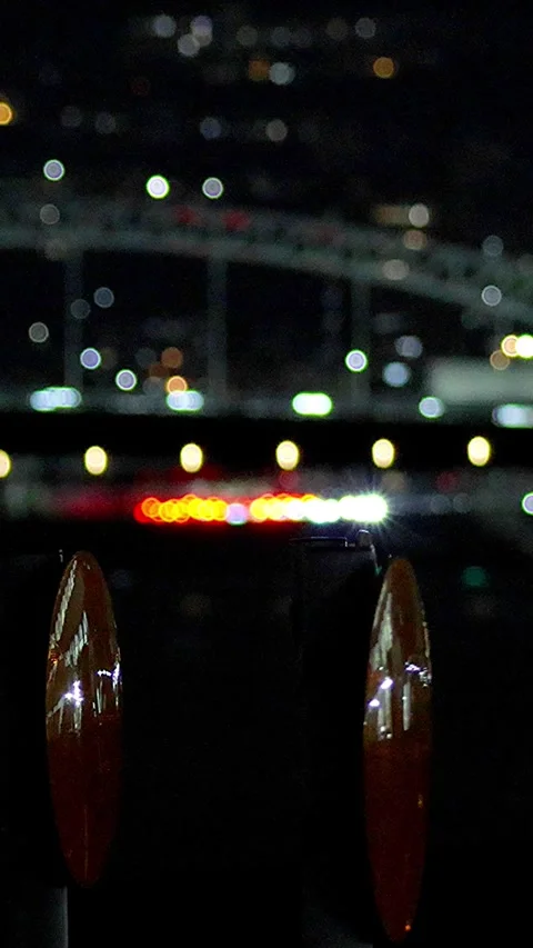 Traffic Night View Passing Arch Bridge and Orange Reflectors,Vertical Stock Footage 346079297