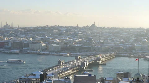 Traffic on the old bridge on the Bosphorus joining two sides of the city Stock Footage 59939553
