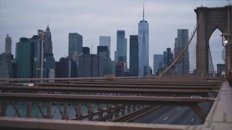 Traffic Over the Brooklyn Bridge, View of Downtown Manhattan Stock Footage 301649191