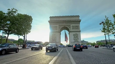 Traffic in Paris at Arc de Triomphe (Triumphal Arch) in Chaps Elysees Stock Footage 91448890