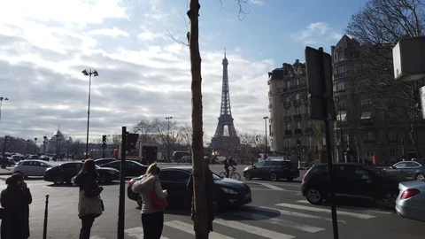 Traffic in Paris with the Eiffel Tower in the Background Stock Footage 104254142