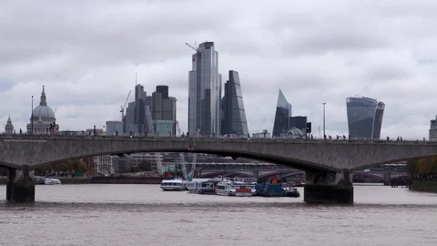 Traffic passes over bridge on river Stock Footage 118398803