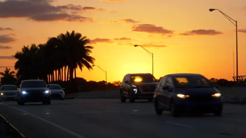Traffic Passing over Turnpike Overpass Sunset Stock Footage 200852388