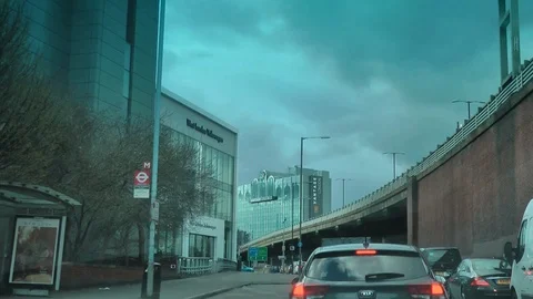 Traffic Queue on A4 Glass Offices with M4 above Stock Footage 91698359