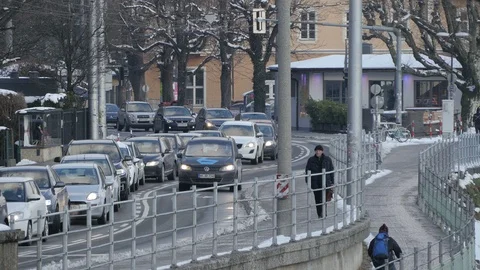 Traffic queue on a street in a city Stock Footage 100795966