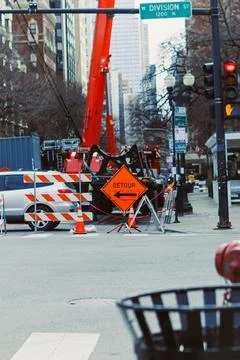 Traffic is redirected due to construction on Division Street at 1200 in the d Stock Photos