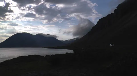 Traffic on ring road in iceland  during midnight sun Stock Footage 31543055