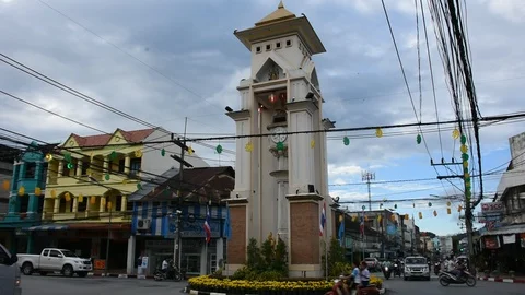 Traffic road at Clock bell tower roundabout of Betong city in Yala, Thailand Stock Footage 115904322