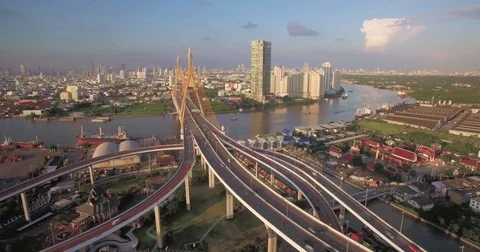 Traffic on Road Intersection and Bridge in Bangkok Thailand Stock Footage 70740022