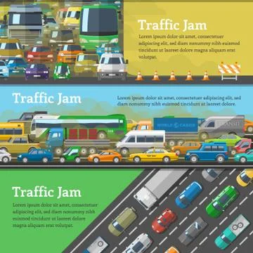 Traffic road jam vector transportation problems illustration at night and day Stock Illustration