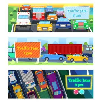 Traffic road jam vector transportation problems illustration at night and day Stock Illustration