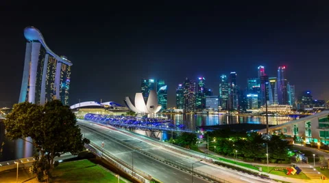 Traffic road night light famous singapore city hotel 4k time lapse Stock Footage 46554684