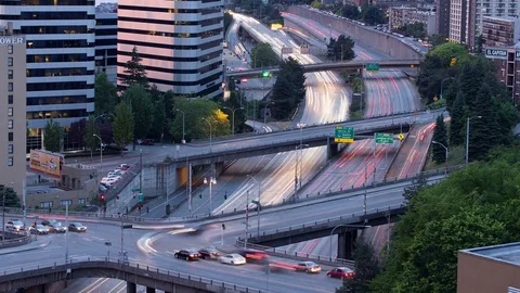 Traffic on Seattle Highway at Sunset Stock Footage 81439236