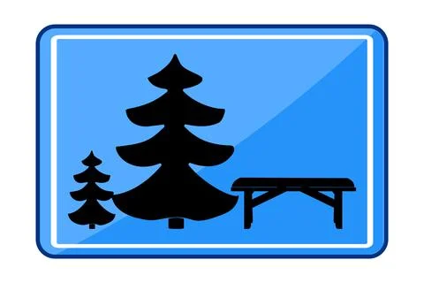 Traffic sign with bench and pine tree. Parking zone. Picnic area icon. Stock Illustration