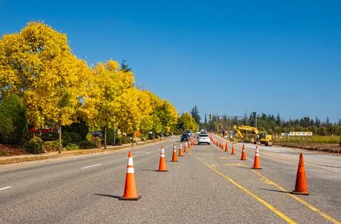 Traffic sign with flags reading Utilitary Work Ahead with traffic cones on .. Foto stock