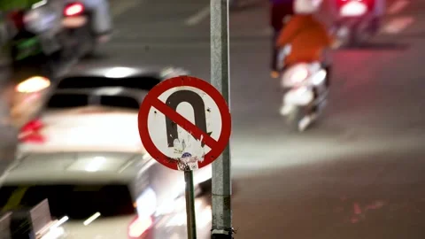 Traffic Sign Focus with Motion Blur Night Street. Night Traffic Long Exposu.. Stock Footage 331075598