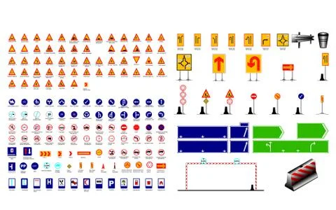 Traffic signs collection with name, vector Stock Illustration