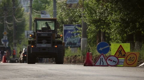 Traffic signs installed in the pile, during road repair Stock Footage 64278109