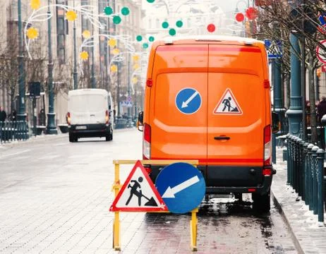 Traffic signs while road digging works are carried out on the street Stock Photos