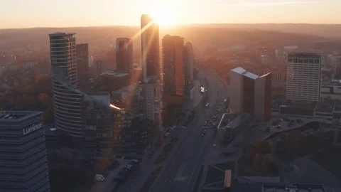 Traffic at Skyscraper District, Vilnius, Lithuania, Aerial Hyperlapse Stock Footage 97071216