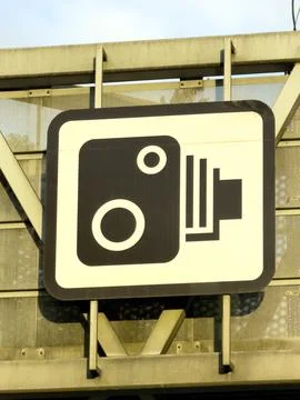 Traffic speed enforcement camera sign detail Stock Photos