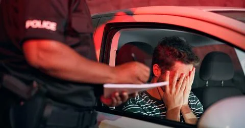 Traffic stop, man and crying in car with police, ticket and stress for drunk Stock Photos