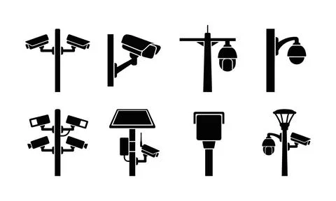 Traffic surveillance camera icon and safety monitoring device silhouettes Stock-Illustration