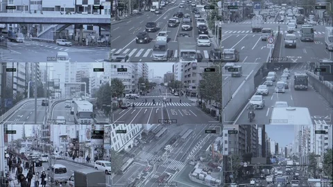 Traffic Surveillance Camera Split Screen CCTV Monitoring Stock Footage 111521130