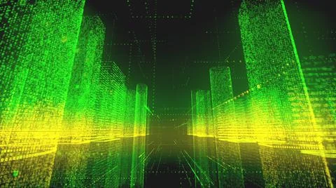 Traffic through the bright green and yellow colored model of digital city イラスト素材