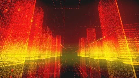 Traffic through the bright red and yellow colored model of digital city Stock Footage 114764184