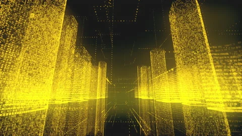 Traffic through the bright yellow model of digital city contained of random Video stock 157357016