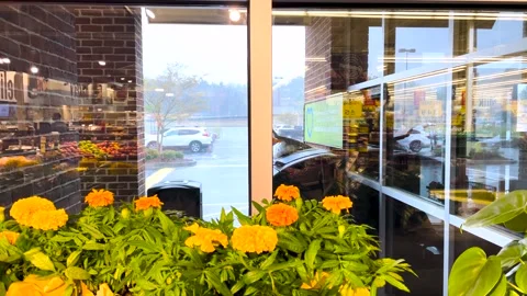 Traffic through a window and customers reflections in a retail grocery store Stock Footage 179215830