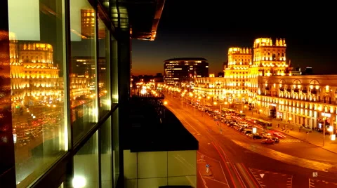 Traffic TimeLapse. Late evening, after dusk. Minsk. Pan camera moving Stock Footage 55395500