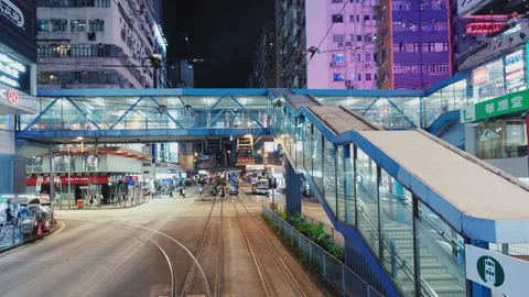 Traffic Timelapse Night Hyperlapse 4k - Hong Kong Tram Ride in Bustling City Stock Footage 118063758