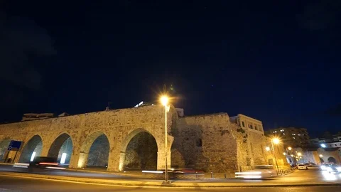 Traffic Trail Lights Timelapse In the night Venetian Koules Fortress in Stock-Footage 106781671