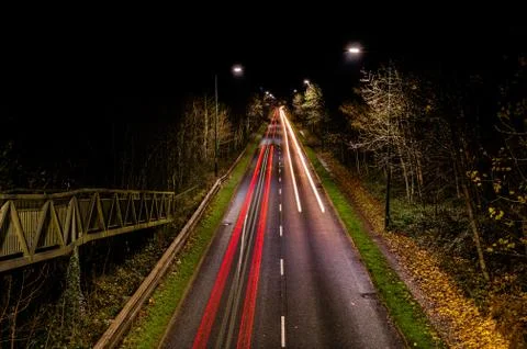 Traffic trail through the welsh valleys near brynmwar and abertillery uk. Stock Photos