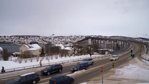Traffic by the Tromsø Bridge in winter Stock Footage 126213397