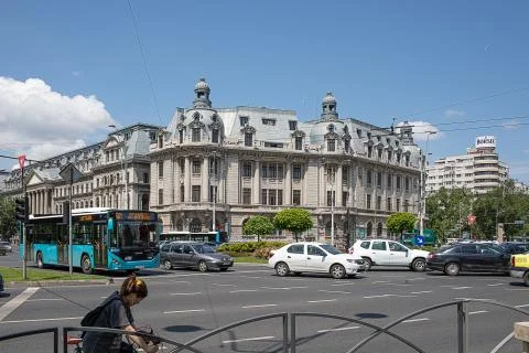 Traffic At University Square In Bucharest Stock Photos