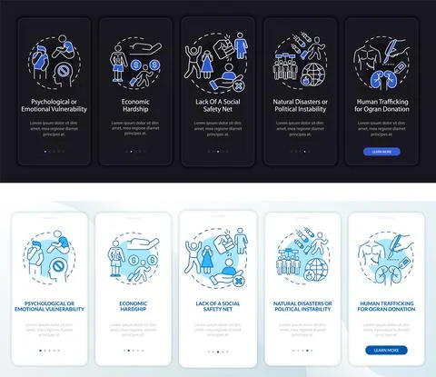 Trafficking reason day, night mode onboarding mobile app page screen Stock Illustration